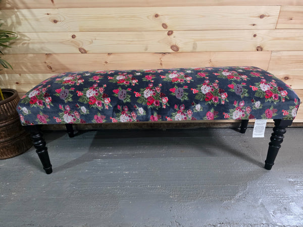 Hand Made Solid Wooden Floral Velvet Upholstered Ottoman Bench Footstool