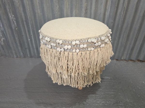 Hand Made Round Upholstered  Shaggy Rag Pouffe Footstool With Solid Wooden Legs