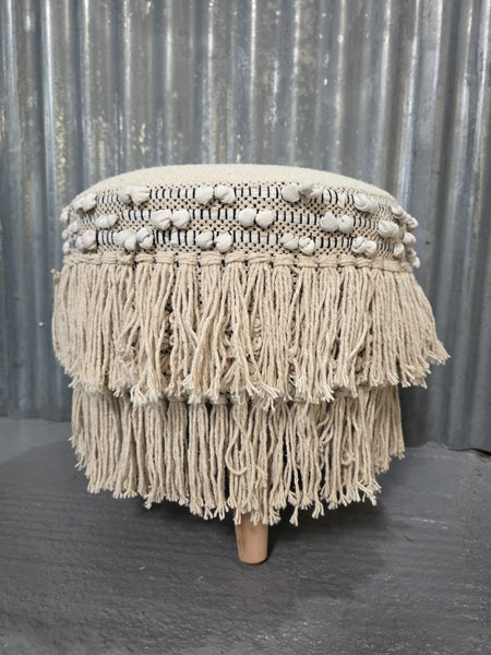 Hand Made Round Upholstered  Shaggy Rag Pouffe Footstool With Solid Wooden Legs