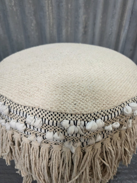 Hand Made Round Upholstered  Shaggy Rag Pouffe Footstool With Solid Wooden Legs