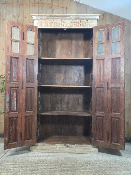 Large Vintage Reclaimed Indian Solid Wooden House Keepers Linen Cupboard