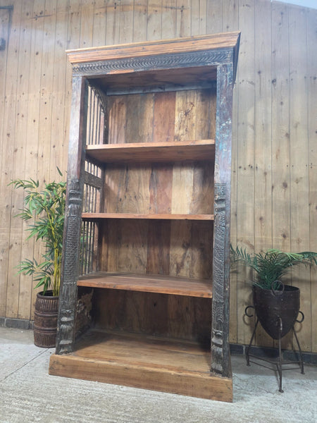 Large Vintage Reclaimed Rustic Carved Indian Solid Wooden Bookcase Shelving Unit