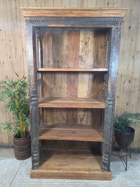 Large Vintage Reclaimed Rustic Carved Indian Solid Wooden Bookcase Shelving Unit