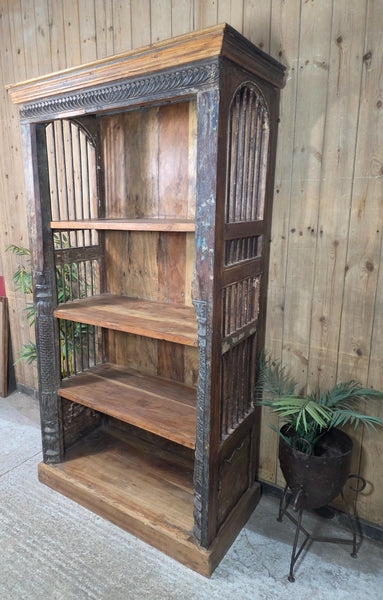 Large Vintage Reclaimed Rustic Carved Indian Solid Wooden Bookcase Shelving Unit