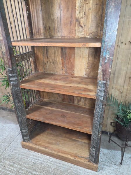 Large Vintage Reclaimed Rustic Carved Indian Solid Wooden Bookcase Shelving Unit