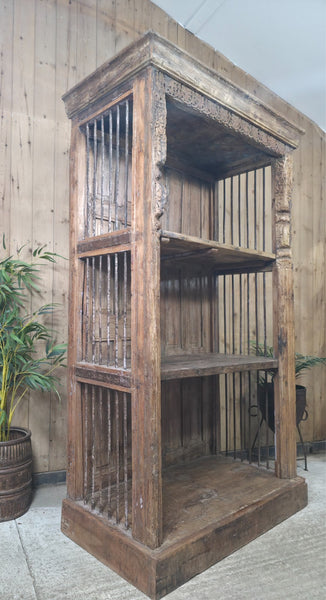 Large Vintage Reclaimed Rustic Carved Indian Solid Wooden Bookcase Shelving Unit