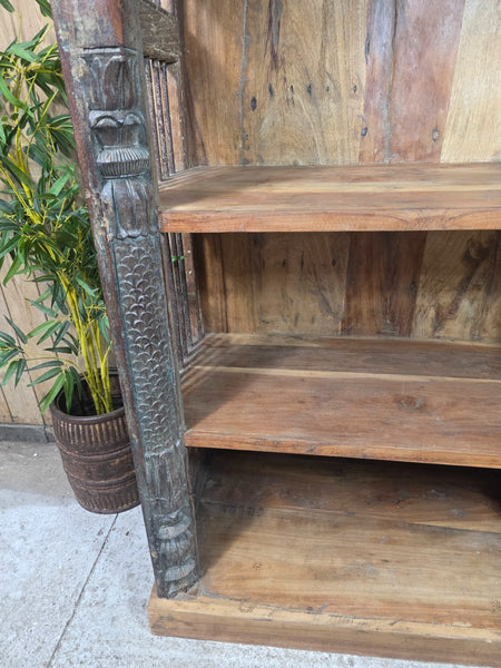 Large Vintage Reclaimed Rustic Carved Indian Solid Wooden Bookcase Shelving Unit