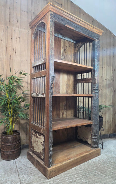 Large Vintage Reclaimed Rustic Carved Indian Solid Wooden Bookcase Shelving Unit
