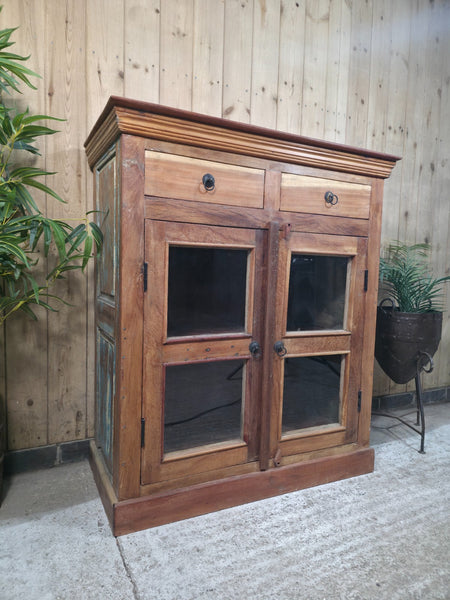 Vintage Indian Reclaimed Solid Wooden Glazed Tv Unit Sideboard Display Cabinet