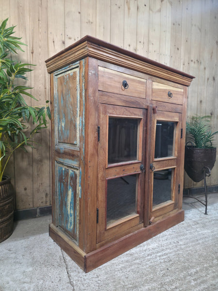 Vintage Indian Reclaimed Solid Wooden Glazed Tv Unit Sideboard Display Cabinet