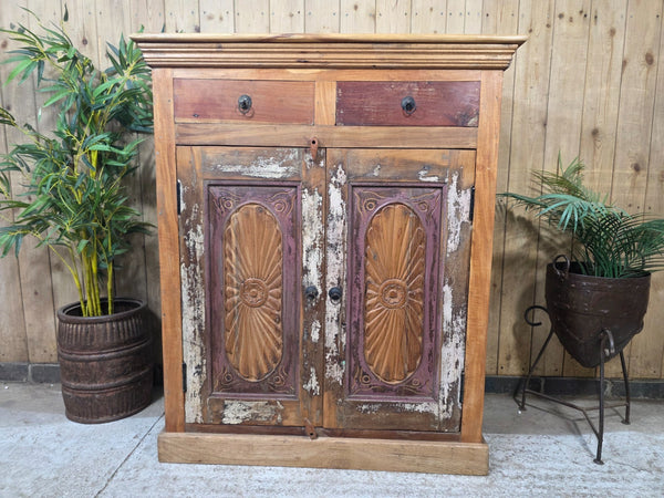 Vintage Indian Reclaimed Solid Wooden Carved Tv Unit Sideboard Drinks Cupboard