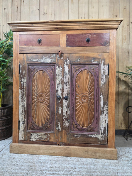 Vintage Indian Reclaimed Solid Wooden Carved Tv Unit Sideboard Drinks Cupboard
