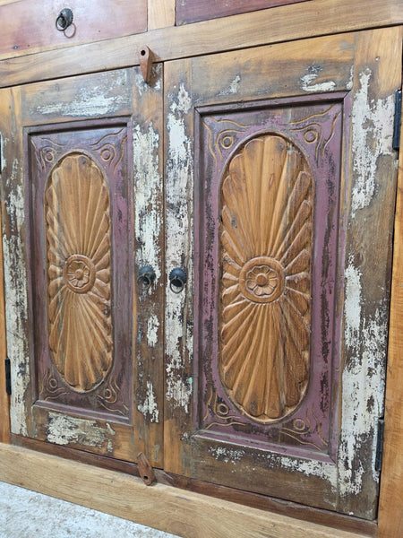 Vintage Indian Reclaimed Solid Wooden Carved Tv Unit Sideboard Drinks Cupboard