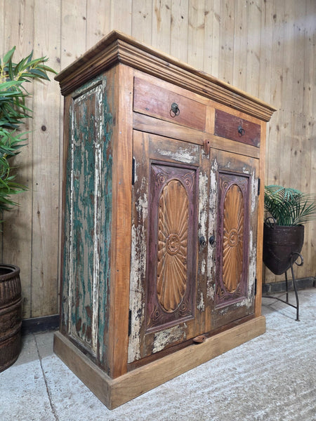 Vintage Indian Reclaimed Solid Wooden Carved Tv Unit Sideboard Drinks Cupboard
