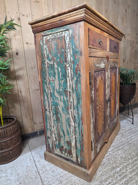 Vintage Indian Reclaimed Solid Wooden Carved Tv Unit Sideboard Drinks Cupboard