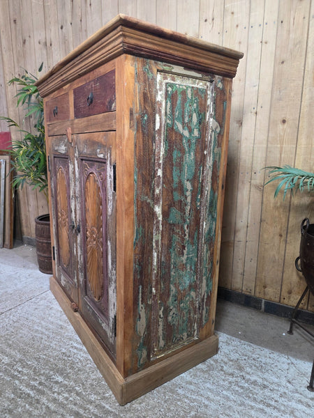Vintage Indian Reclaimed Solid Wooden Carved Tv Unit Sideboard Drinks Cupboard
