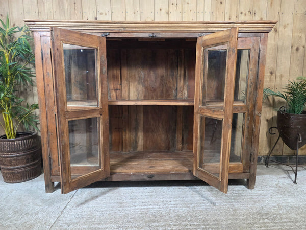 Vintage Indian Reclaimed Solid Wooden Glazed Tv Unit Sideboard Display Cabinet