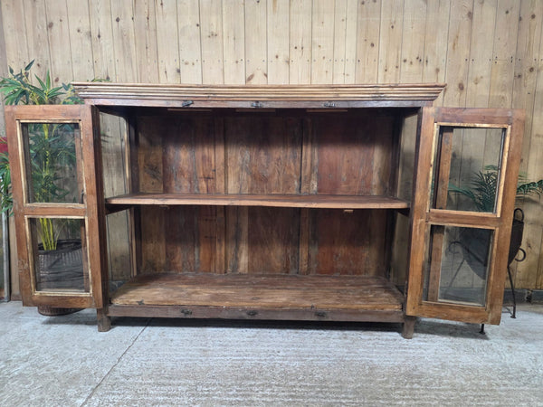 Vintage Indian Reclaimed Solid Wooden Glazed Tv Unit Sideboard Display Cabinet