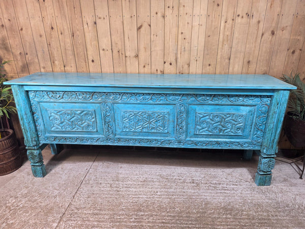 Vintage Reclaimed Indian Blue Solid Wooden Carved Hallway Console Table