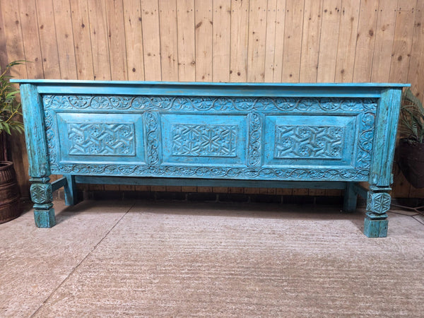 Vintage Reclaimed Indian Blue Solid Wooden Carved Hallway Console Table