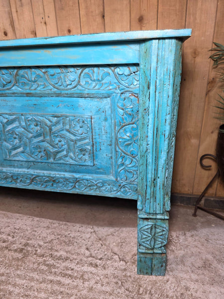 Vintage Reclaimed Indian Blue Solid Wooden Carved Hallway Console Table