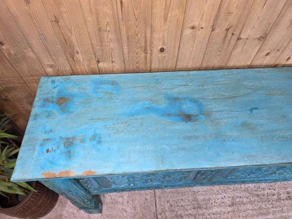 Vintage Reclaimed Indian Blue Solid Wooden Carved Hallway Console Table