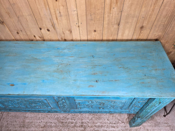 Vintage Reclaimed Indian Blue Solid Wooden Carved Hallway Console Table