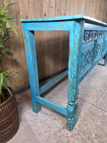 Vintage Reclaimed Indian Blue Solid Wooden Carved Hallway Console Table