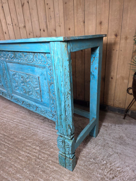 Vintage Reclaimed Indian Blue Solid Wooden Carved Hallway Console Table