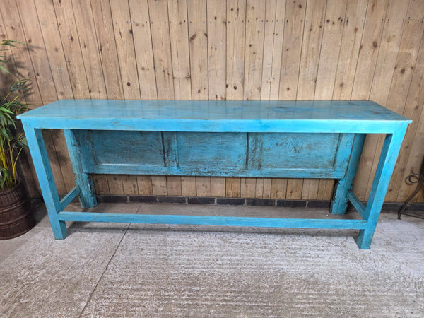 Vintage Reclaimed Indian Blue Solid Wooden Carved Hallway Console Table