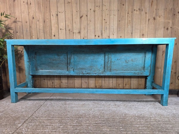 Vintage Reclaimed Indian Blue Solid Wooden Carved Hallway Console Table
