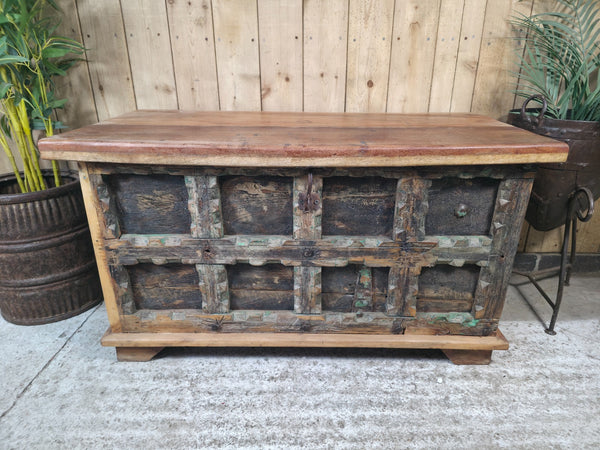 Vintage Reclaimed Indian Solid Wooden Blanket Box Ottoman Storage Trunk Chest