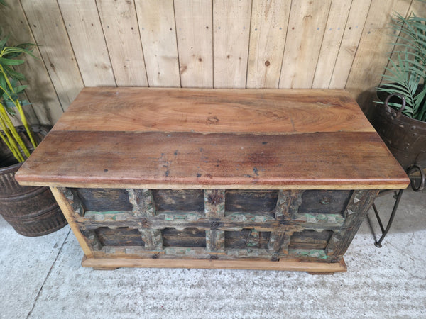 Vintage Reclaimed Indian Solid Wooden Blanket Box Ottoman Storage Trunk Chest