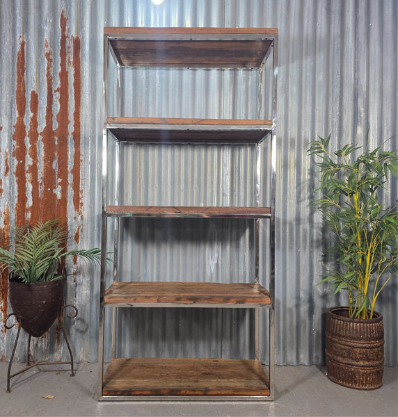 Reclaimed Industrial Solid Wood Railway Sleeper Shelf Unit Polished Metal Frame