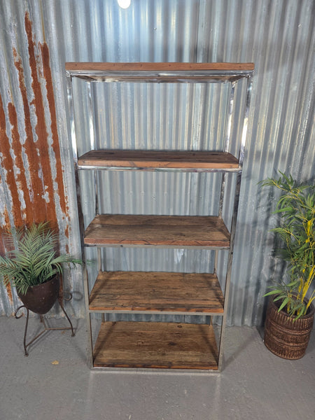 Reclaimed Industrial Solid Wood Railway Sleeper Shelf Unit Polished Metal Frame