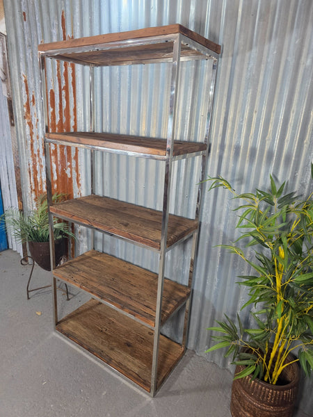 Reclaimed Industrial Solid Wood Railway Sleeper Shelf Unit Polished Metal Frame