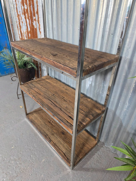 Reclaimed Industrial Solid Wood Railway Sleeper Shelf Unit Polished Metal Frame