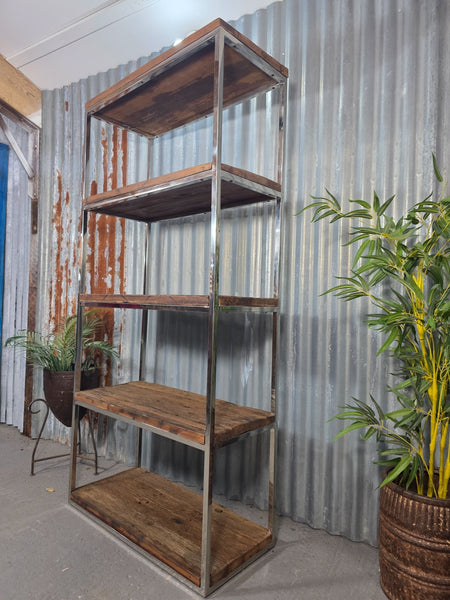 Reclaimed Industrial Solid Wood Railway Sleeper Shelf Unit Polished Metal Frame