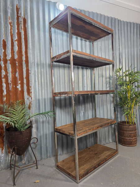 Reclaimed Industrial Solid Wood Railway Sleeper Shelf Unit Polished Metal Frame