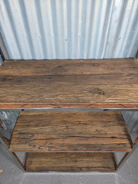 Reclaimed Industrial Solid Wood Railway Sleeper Shelf Unit Polished Metal Frame