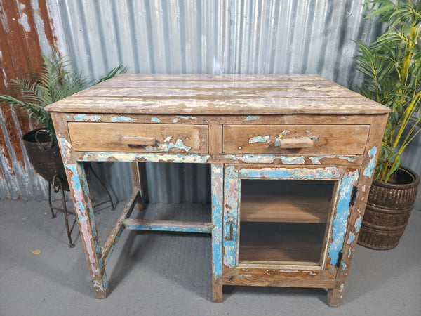 Vintage Rustic Reclaimed Glazed Indian Solid Wooden Desk Console Hallway Table
