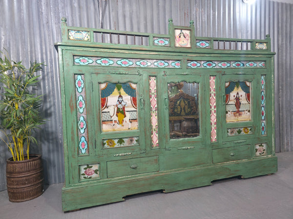 Large Vintage Indian Colonial Solid Wooden Glazed Sideboard Drinks Cabinet