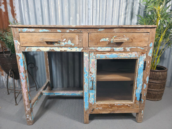 Vintage Rustic Reclaimed Glazed Indian Solid Wooden Desk Console Hallway Table