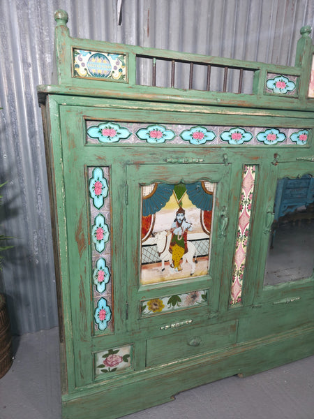 Large Vintage Indian Colonial Solid Wooden Glazed Sideboard Drinks Cabinet