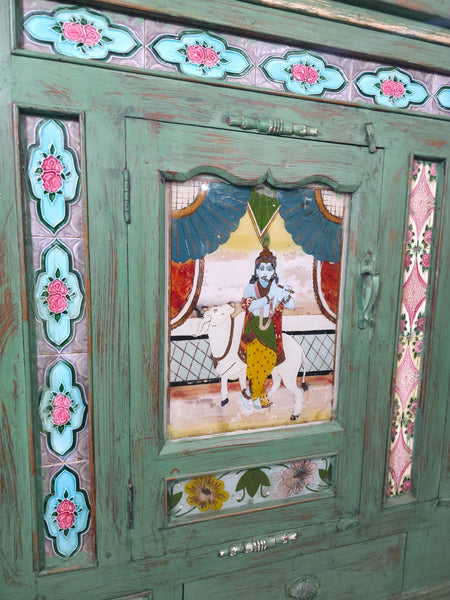 Large Vintage Indian Colonial Solid Wooden Glazed Sideboard Drinks Cabinet