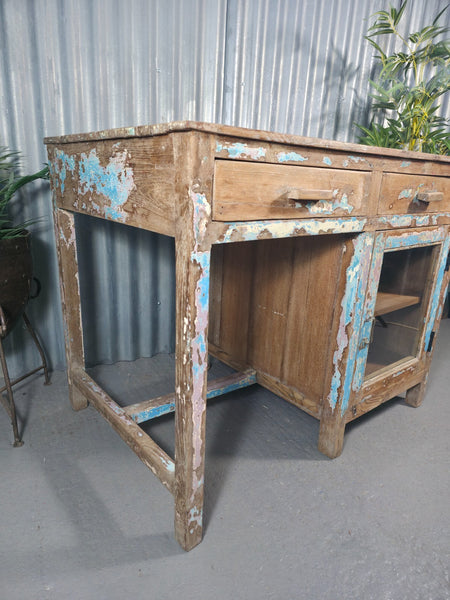 Vintage Rustic Reclaimed Glazed Indian Solid Wooden Desk Console Hallway Table