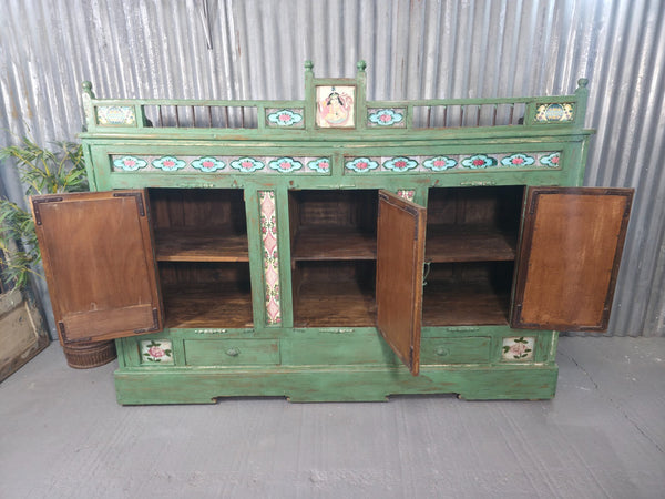 Large Vintage Indian Colonial Solid Wooden Glazed Sideboard Drinks Cabinet