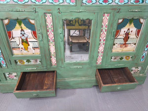 Large Vintage Indian Colonial Solid Wooden Glazed Sideboard Drinks Cabinet