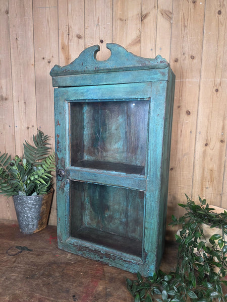 Vintage Indian Wooden Glazed Display Bathroom Kitchen Herb Spice Wall Cabinet