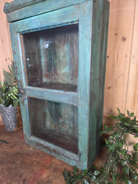 Vintage Indian Wooden Glazed Display Bathroom Kitchen Herb Spice Wall Cabinet